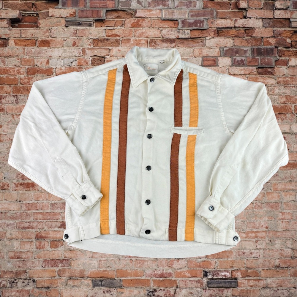 Vintage 60s Penneys Button Up Shirt Jacket Mens M Cream Rockabilly Stripes Crop